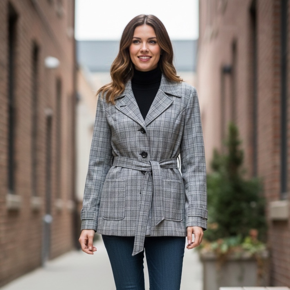 Reitmans Grey Plaid Belted Trench Blazer Jacket | Size 13